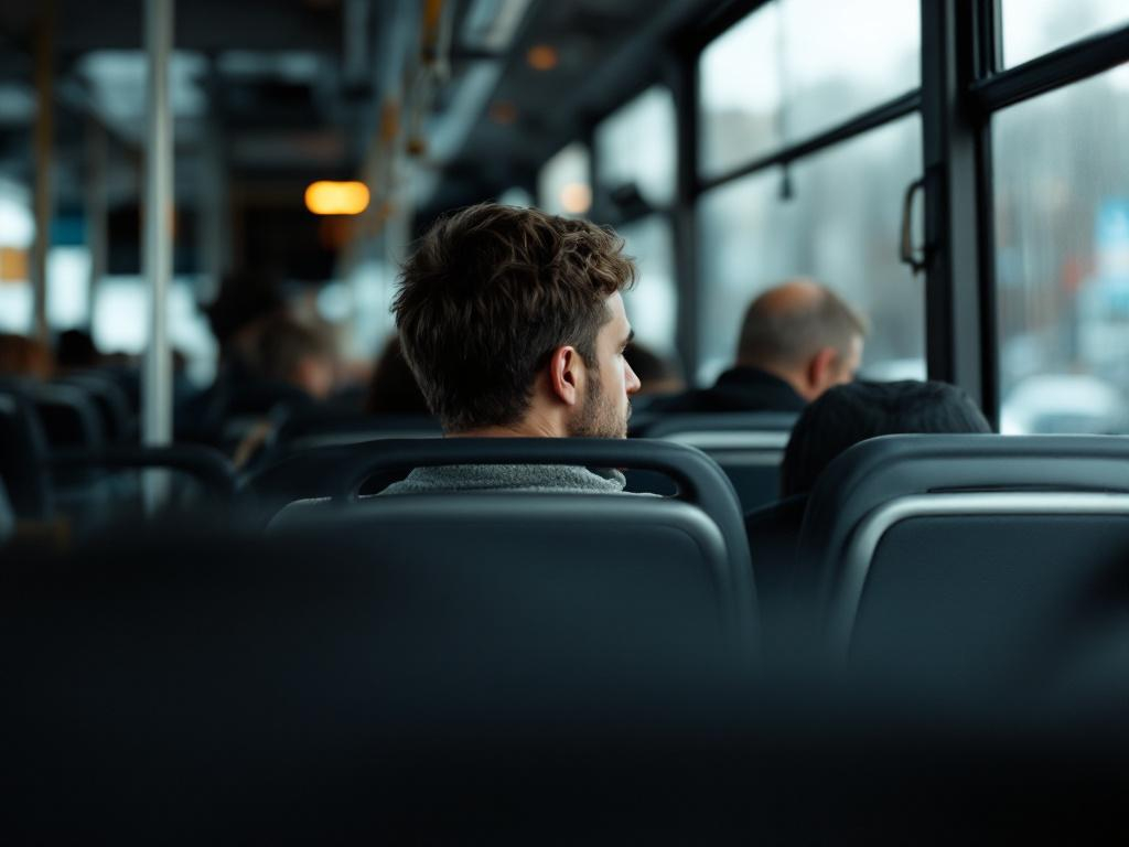 En man sedd bakifrån sitter på en buss och observerar passagerare och förare framför sig